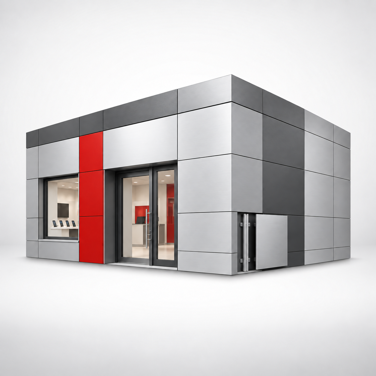 Concept illustration of a mobile operator’s office with an etalbond façade, silver and graphite panels, and a red accent.